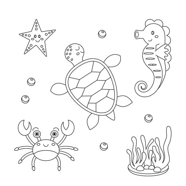 sea animals coloring page cute cartoon characters set ocean turtle crab star sea horse 598264 724