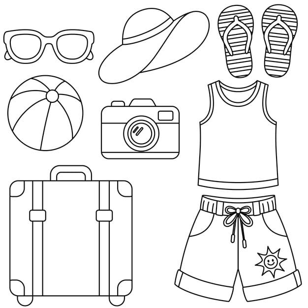 set objects travel coloring page kids summer outline doodle colouring page 942736 3622