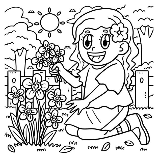 spring girl picking flowers coloring page kids 576561 6449