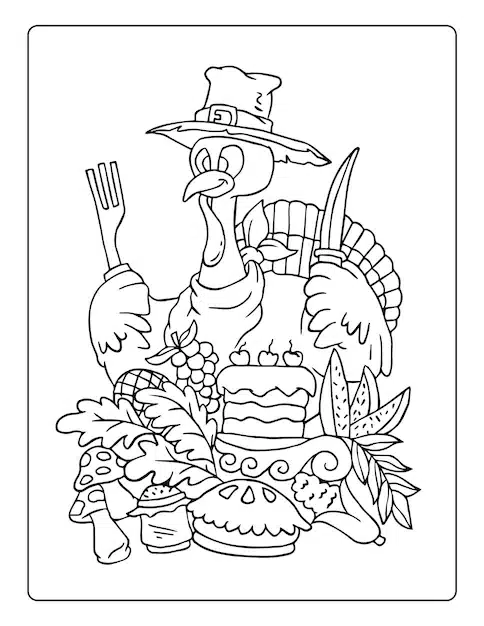 thanksgiving coloring pages kids with turkey pumpkin black white activity worksheet 638200 601