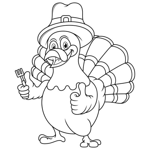 thanksgiving turkey mascot holding fork wearing pilgrim hat line art 194935 1313