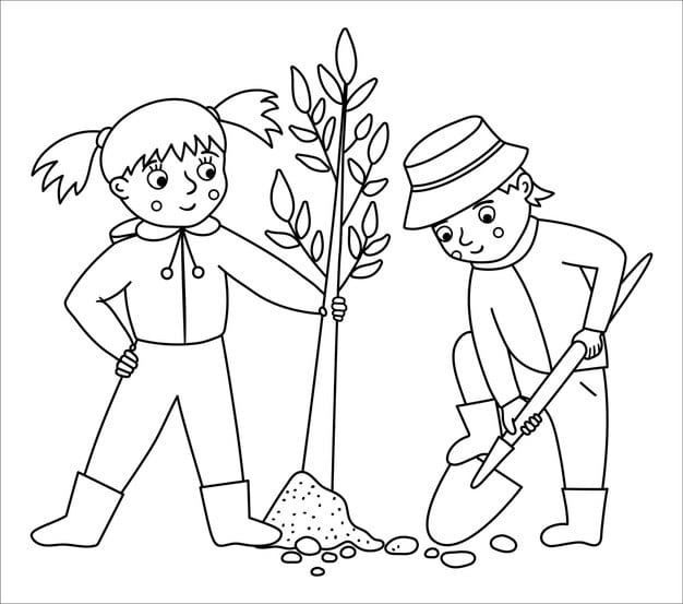 vector black white children planting tree illustration cute outline kids doing garden work boy digging ground with spade spring gardening activity line picture coloring page xa 150240 3311