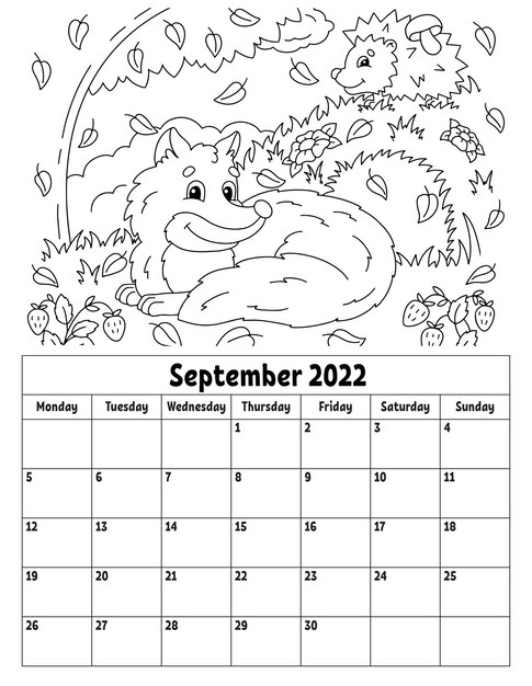 vertical calendar 2022 with cute character coloring page kids week starts monday isolated vector illustration cartoon style 78007 7367