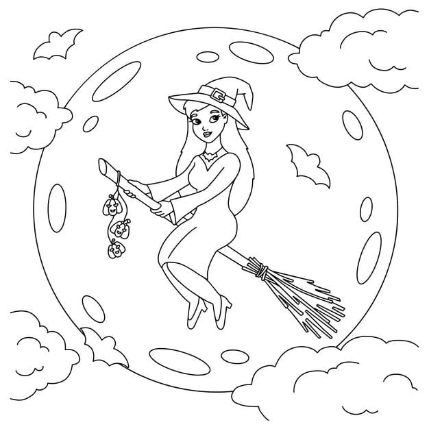 young witch flies broomstick night coloring book page kids cartoon style character halloween theme 78007 10036