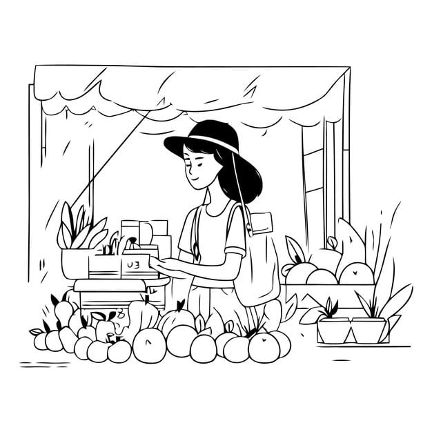 young woman buying fruits vegetables market flat vector illustration 1057 87452